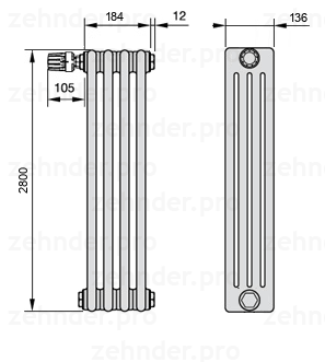 Схема (чертеж) Радиатор Zehnder Charleston 4280/4 №V012 Белый глянцевый RAL 9016